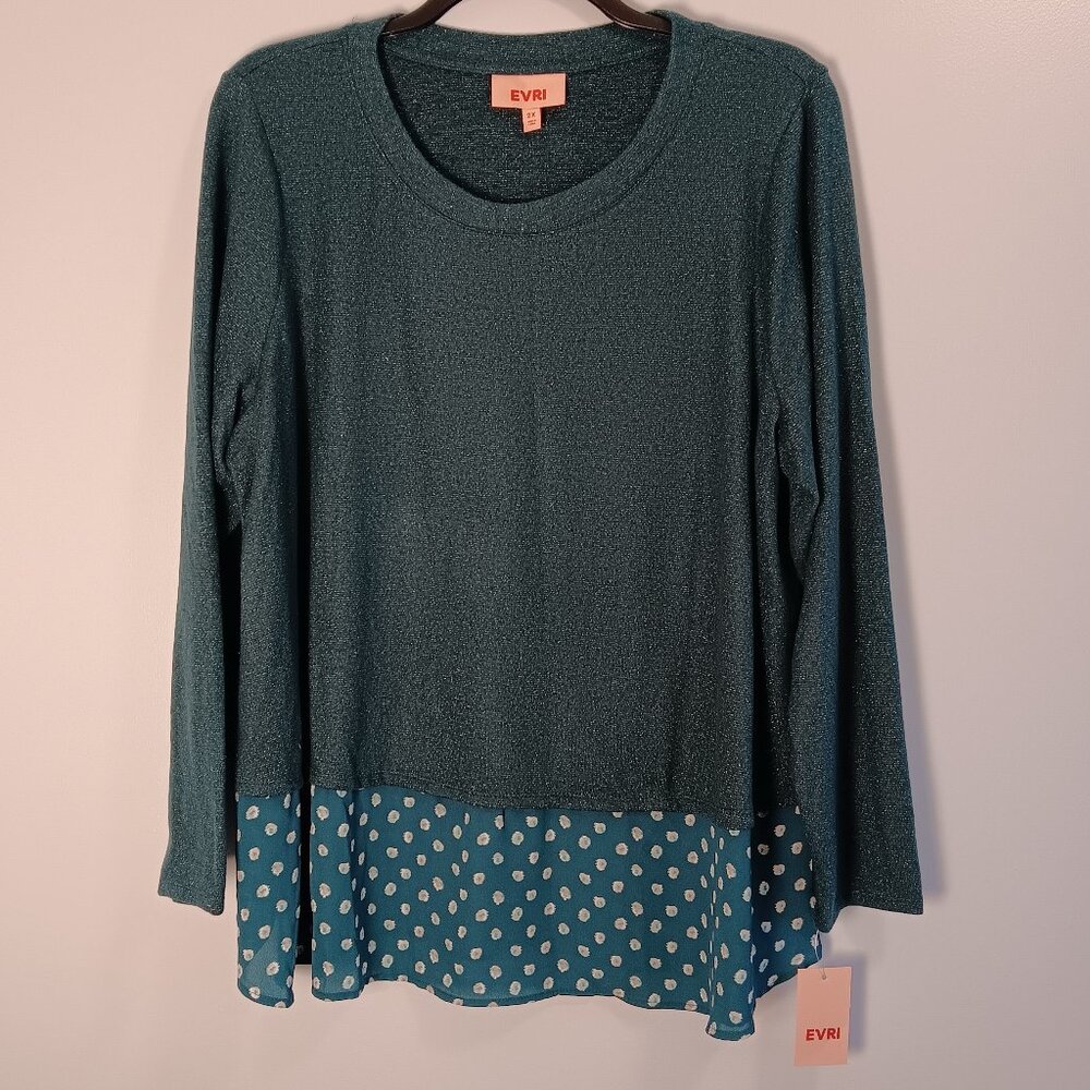 NWT Evri Long Sleeve Tunic Top, Women's 2XL, Sparkly Emerald Green/Teal